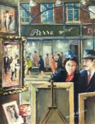 Oil on canvas
Bernard Woollard 
Parisian street scene with galleries, signed, 39cm x 29cm