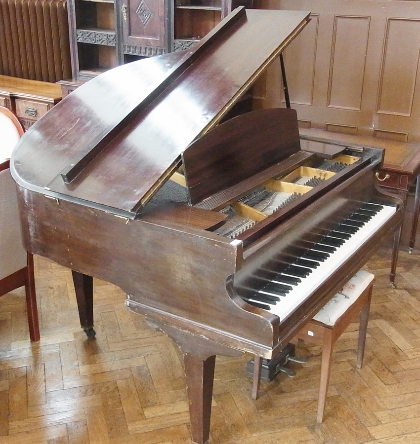 20th century Challen mahogany baby grand piano, on square tapering supports and castors, some damage