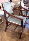Pair mahogany X-frame chairs, with reeded detail, and green upholstered back and seat (2)