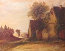 Oil on canvas 
Unattributed 
Continental country scene with cottages in landscape, unsigned, gilt