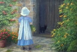 Oil on board
L Paish 
Child and cat before a cottage door, signed, 11cm x 16.5cm