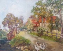 Oil on canvas
Rustic landscape with girls and ducks on bridge, 41cm x 51cm, unframed