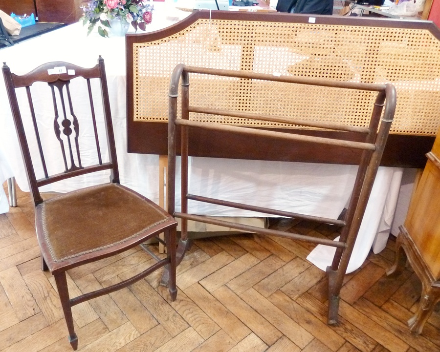 An Edwardian mahogany bedroom chair, satinwood banding, upholstered seat on tapering supports united