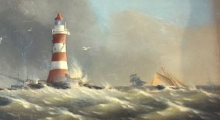 Oil on canvas 
E A Onslow 
Eddystone Lighthouse with sailing vessels on a choppy sea, 29cm x 50cm