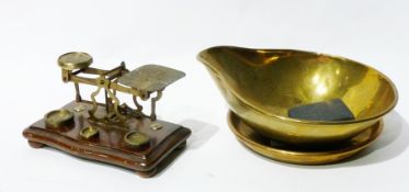 Pair brass and stained wood postal scales and two brass pans from balance scales (2)