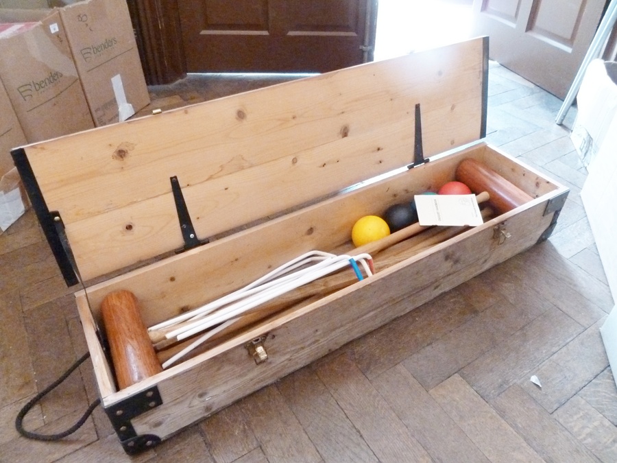 Croquet set in pine carrying box with Townsends instruction booklet