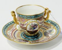 Sevres porcelain two-handled cup, ovoid and painted in reserves with vases of flowers and the