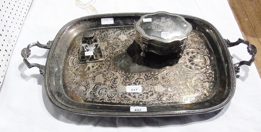 Edwardian silver-mounted cut glass inkwell,  having silver lid and collar, glass wedge-shaped base