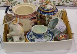 New Chelsea Staffordshire miniature porcelain teapot, Imari pattern, china miniature group, cherub