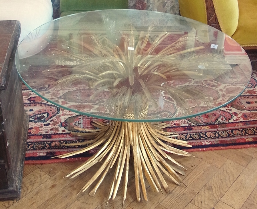 A modern wheat-sheaf circular occasional table, glass top with gilt metal wheat-sheaf base, 80cm