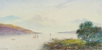 Watercolour 
J.C. Jonas
Landscape scene with lake and distant mountains, signed, 17 x 35cm