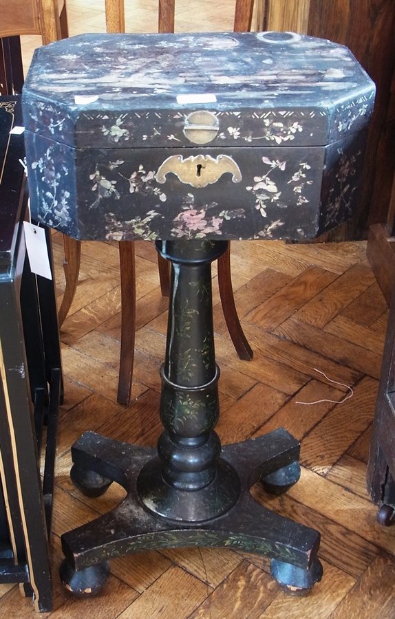 19th century mother-of-pearl inlaid painted and ebonised teapoy, the rectangular top with cut-off