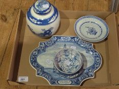 A modern Chinese blue and white bowl, other oriental items and a Delft plaque of "Keelson