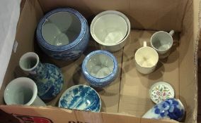 Two commemorative mugs, an Oriental blue and white vase, Oriental bowl and other items (1 box)