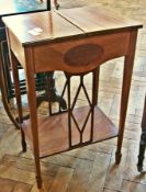 Edwardian inlaid mahogany worktable, rectangular hinged top, opening to reveal fitted interior