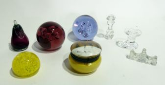 Large quantity glass paperweights, variously decorated, bubbles, lustre, bird pattern, etc.,