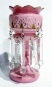 Victorian pink and gilt enamelled glass lustre having shaped everted rim, floral and gilt painted,