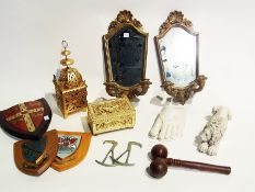 Quantity of various items, including pair gilt girandole wall mirrors, three wall-mounted coats of