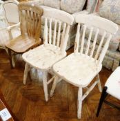 Three hardwood kitchen dining chairs with curved shoulderboard on turned supports (3)