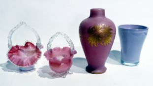 Four various Victorian/Edwardian pink and variously coloured glass baskets, each having clear