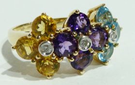 14ct gold, diamond and emerald-coloured stone flowerhead dress ring, set aquamarine, amethyst, and