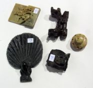 Quantity Chinese soapstone items to include:- lotus-leaf shaped dish, engraved, circular plaque,