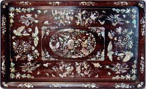 19th century Chinese rosewood and mother-of-pearl inlaid tray, rectangular, decorated with