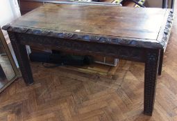 Large Renaissance style dining table, rectangular with chamfered edge, floral lunette and foliate