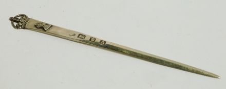 Edward VIII silver letter opener with crown finial head and shoulders bust applied of Edward, London