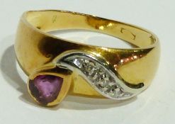 Gold-coloured metal, diamond and ruby dress ring, the band set with teardrop-shaped pink stone and