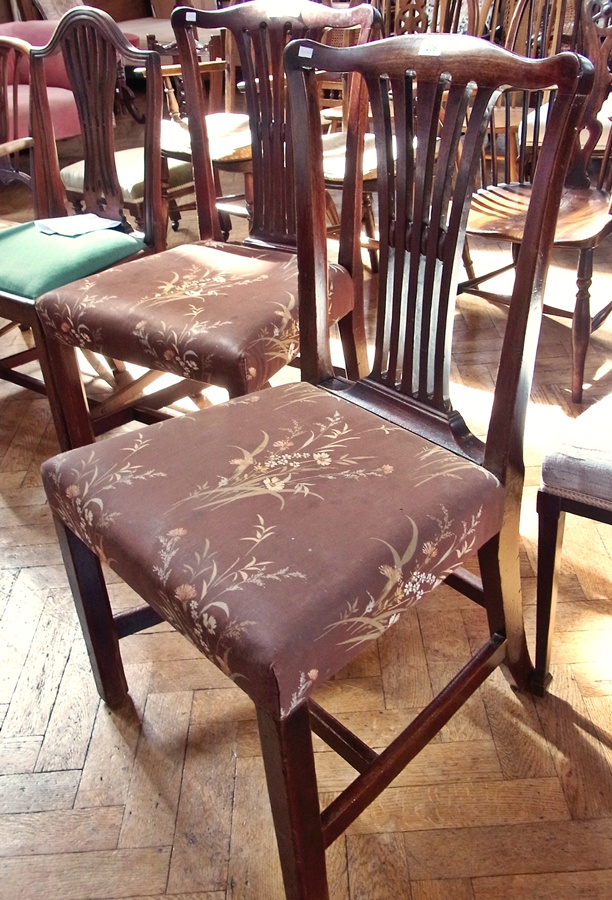 Pair 18th century mahogany Chippendale style dining chairs, each with curved toprail, pierced