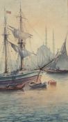Late Victorian watercolour
M Hannaford 
Riverscape, 15cm x 35cm 
Watercolour
Sailing ship with
