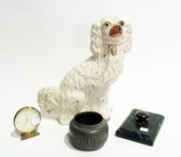19th century Staffordshire pottery spaniel with orange nose, painted eyes, gilt collar and chain,