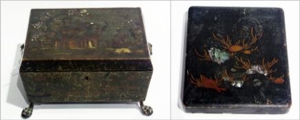 Antique lacquer chinoiserie style casket, rectangular with pair brass finish lions mask drop-ring