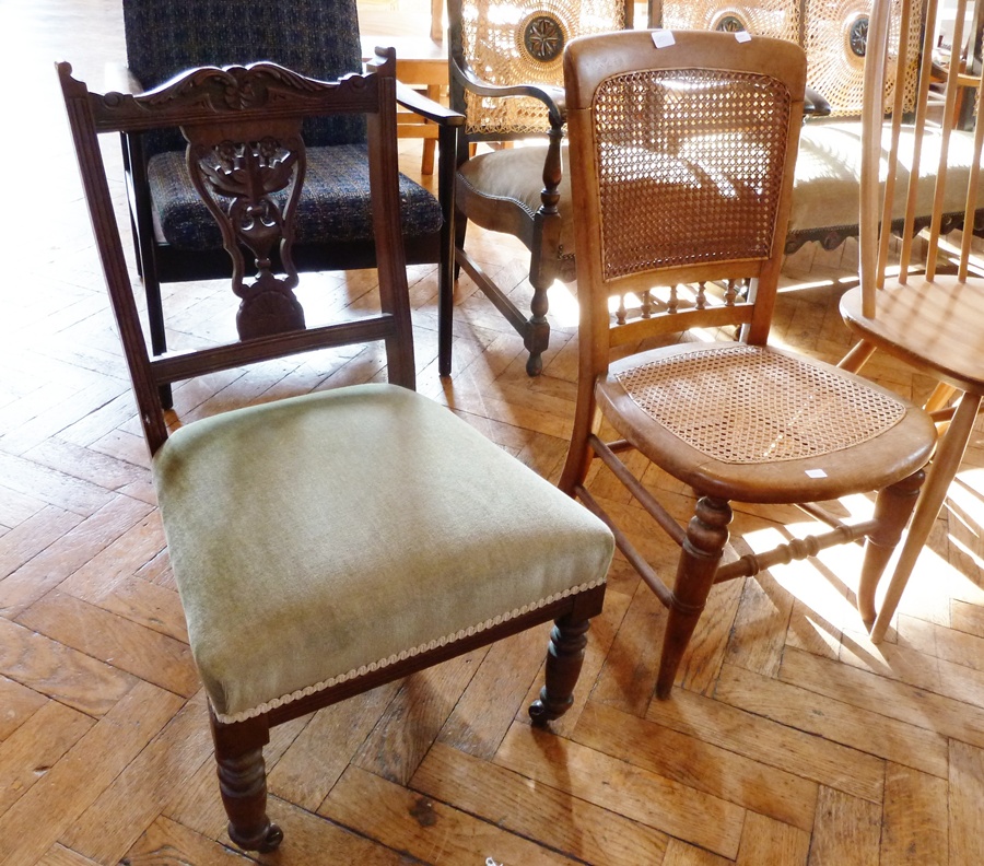 Late Victorian/Edwardian mahogany sewing chair, with scroll carved toprail, foliate and vase-pierced