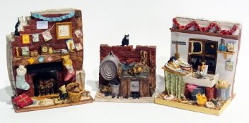 Three ceramic models of domestic interiors, with cat groups (3)