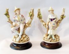 A pair of Dresden style figure candelabra, each figure wearing pointed hat and seated on