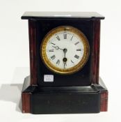 Victorian black and verigated marble mantel timepiece, with circular white enamel dial, Roman