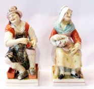 A large pair of 19th century Staffordshire figures, a cobbler and his wife, circa 1840 on square