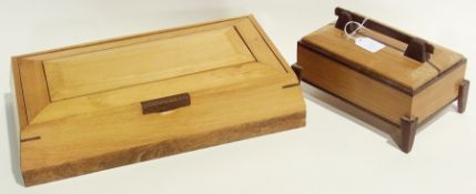 Arts and Crafts style beech casket with hinged lid and removable tray and a polished wood lidded box
