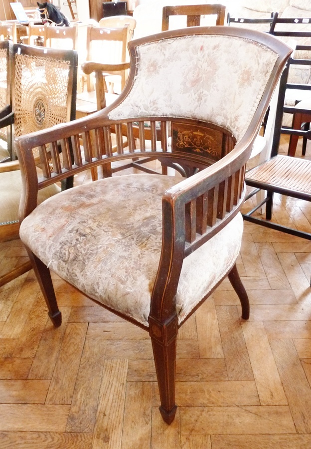 Edwardian inlaid mahogany and rosewood tub chair, having arched raised padded back, central vase