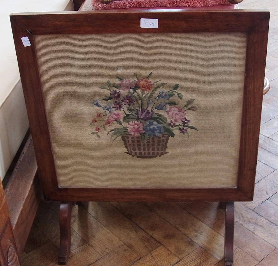 A rectangular stool with floral needlework top and cabriole legs, another stool and a pair of