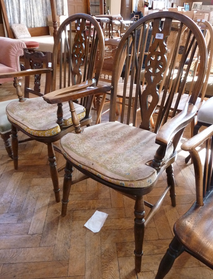 Pair reproduction hardwood Windsor wheelback open armchairs, turned supports and H-stretcher