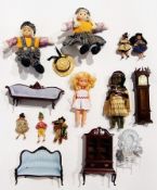 Quantity fabric dolls and dolls house furniture (1 box)