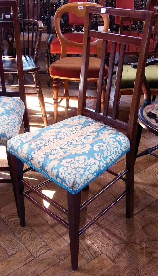 Edwardian inlaid mahogany occasional chair, the rectangular back with chequered inlay, pierced