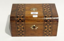 19th century Tunbridgeware casket, having bands of typical inlay, 25cm wide, leather and wood