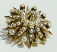 Antique gold, seedpearl and diamond pendant/brooch, starburst pattern