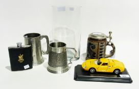 Three 6oz. stainless steel spirit flasks, various, four pewter mugs, stoneware pint tankard with