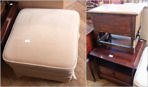 An oak sewing box on turned supports, with a G-Plan bedside table and a square pouffe with beige