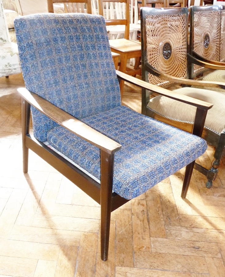 Mid 20th century Parker Knoll stained wood open armchair with blue tweed upholstery